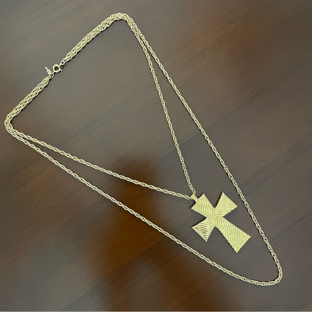 Vtg Crown Trifari Cross Pendant Double Chain Necklace